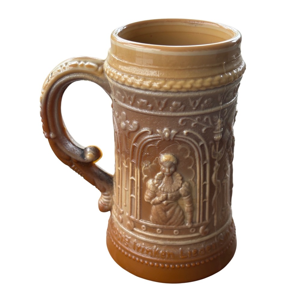 Greentown Chocolate Slag Glass Beer Stein‎ 5in Brown Antique German Relief Mug